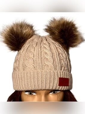 FAS Jeans Beanie OS Taupe Double Pom Cable Knit Wool